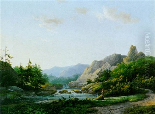 A Mountainous Landscape With Figures By A Stream Oil Painting by Marinus Adrianus Koekkoek