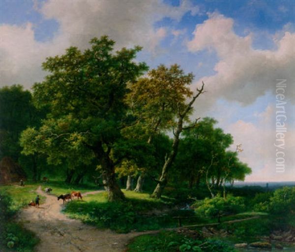 A Wooded Landscape With A Cattle On A Forest Trail And A Bridge Croosing A Brook Oil Painting by Marinus Adrianus Koekkoek