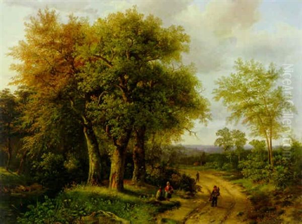 Travellers Resting On A Wooded Path Oil Painting by Marinus Adrianus Koekkoek