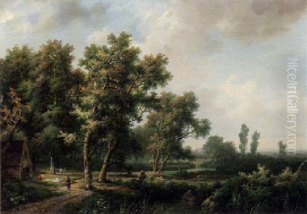 Weite Landschaft. Links Im Sonnenlicht Ein Gehoft Oil Painting by Marinus Adrianus Koekkoek