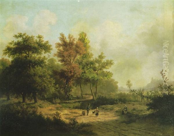 An Extensive Wooded Landscape With Travellers Resting On A Path In The Forground Oil Painting by Marinus Adrianus Koekkoek