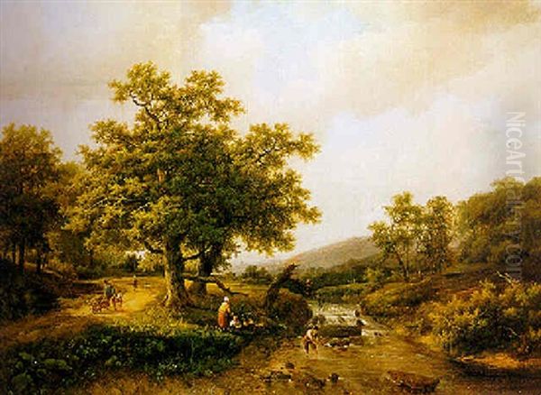 A Summer Landscape With Figures Near A Stream Oil Painting by Marinus Adrianus Koekkoek