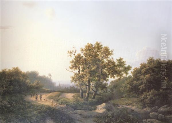 Travellers In A Wooded Landscape, A Church Beyond by Marinus Adrianus Koekkoek