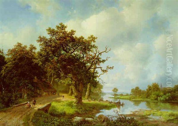 A  Wooded Landscape With Figures And Cattle By A Barge Oil Painting by Marinus Adrianus Koekkoek