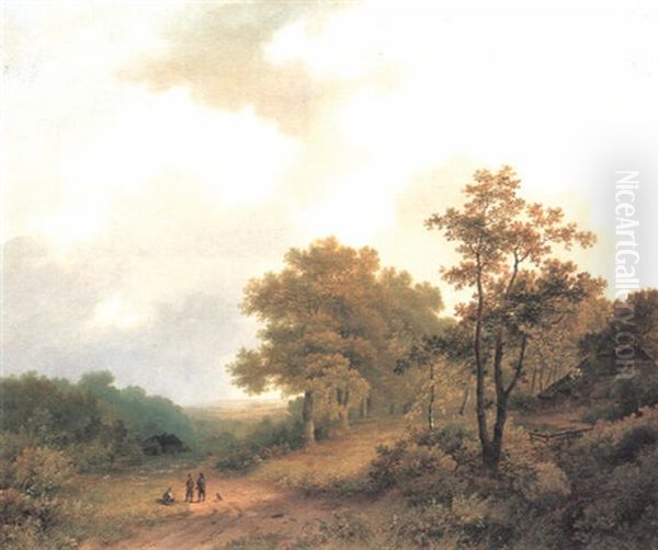 Figures Resting On A Track In An Extensive Wooded Landscape Oil Painting by Marinus Adrianus Koekkoek