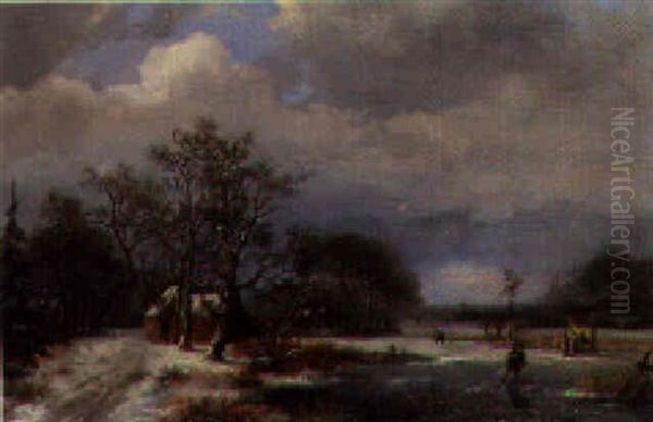 A Winter Landscape With Figures Skating On A Frozen River Oil Painting by Marinus Adrianus Koekkoek