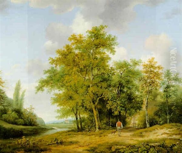 Figure With A Dog In A Wooded Landscape Oil Painting by Marinus Adrianus Koekkoek