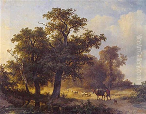 A Wooded River Landscape With A Peasant And Flock On A Country Road Oil Painting by Marinus Adrianus Koekkoek