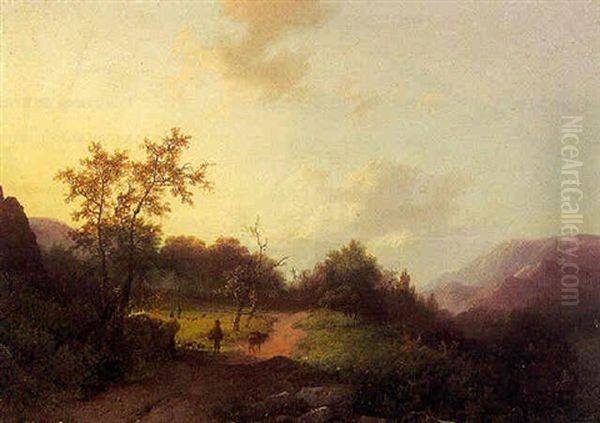 A Traveller And A Donkey On A Path Oil Painting by Marinus Adrianus Koekkoek