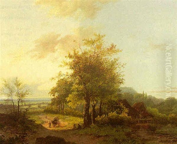 A Wooded Landscape With Traveller With A Cart On A Path Oil Painting by Marinus Adrianus Koekkoek