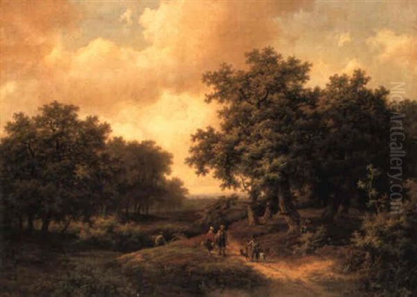 Figures On A Path In A Wooded Landscape Oil Painting by Marinus Adrianus Koekkoek