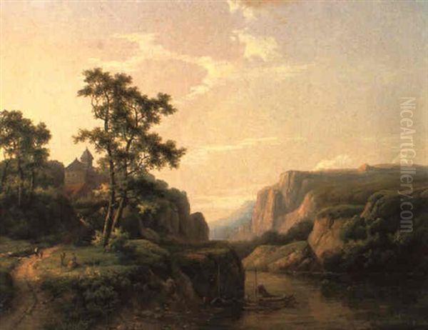 Fluslandschaft Mit Einer Burg Und Figurenstaffage Oil Painting by Marinus Adrianus Koekkoek