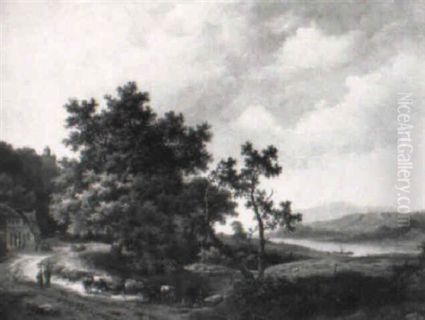 Herder Bij Een Rivier In Heuvelland Oil Painting by Marinus Adrianus Koekkoek