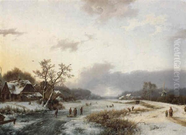 A Winter Landscape With Skaters On A Frozen Waterway Oil Painting by Marinus Adrianus Koekkoek