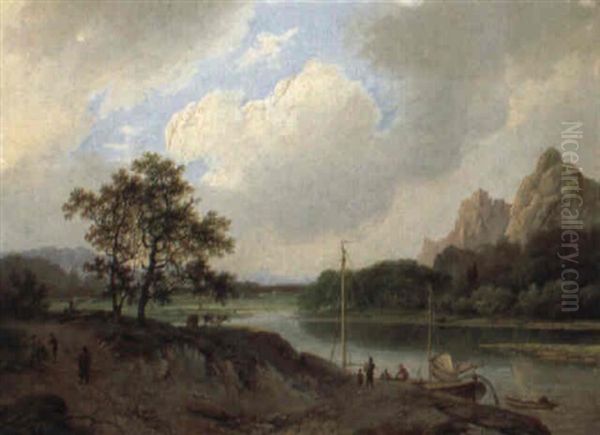 A Rocky River Landscape With A Moored Sailing Vessel And Travellers Oil Painting by Marinus Adrianus Koekkoek