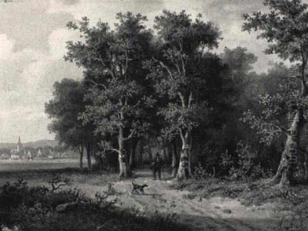 A Wooded Landscape With A Traveller And Dog On A Sandy Forest Lane Oil Painting by Marinus Adrianus Koekkoek