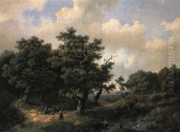 Waldlandschaft Mit Knaben An Einem Wasserloch Oil Painting by Marinus Adrianus Koekkoek