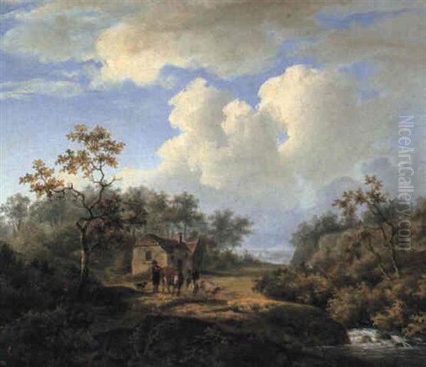 Wooded River Landscape With Countryfolk, Cattle And Sheep Oil Painting by Marinus Adrianus Koekkoek