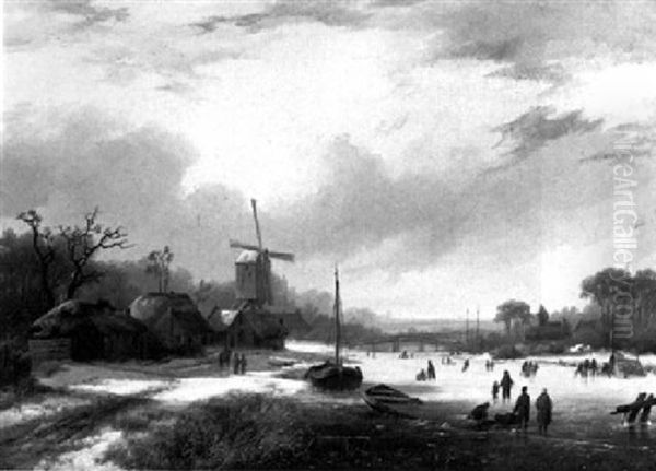 A Winter Landscape With Skaters On A Frozen River Oil Painting by Marinus Adrianus Koekkoek