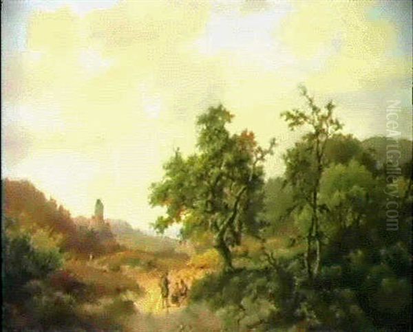 Travellers In An Extensive Summer Landscape Oil Painting by Marinus Adrianus Koekkoek