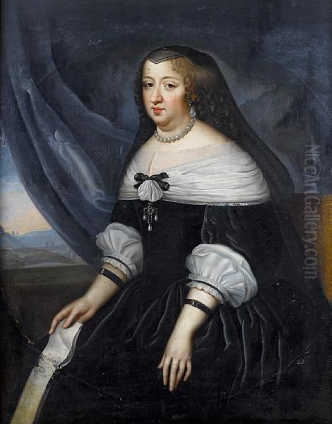 Portrait Of Ann Of Austria,three-quarter-length, In Black Costume, Holding A Letter And Seatedbefore A Grey Curtain, A View To A Landscape Beyond Oil Painting by Henri Beaubrun