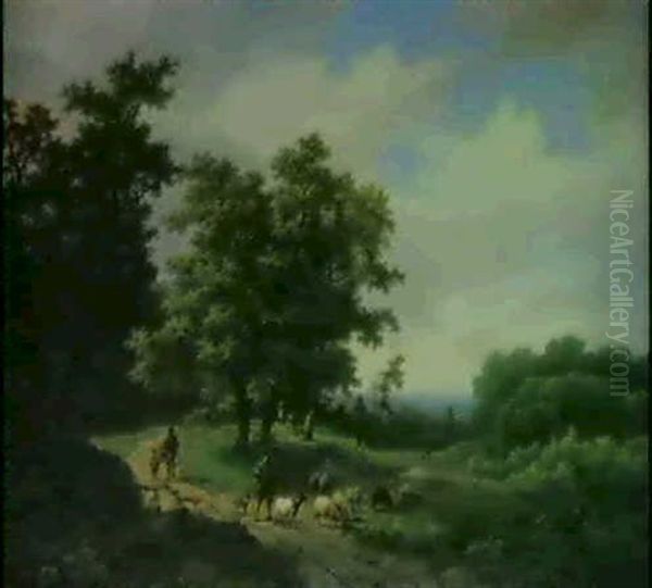 A Wooded Landscape With A Shepherd Driving Sheep And        Travellers Beyond Oil Painting by Marinus Adrianus Koekkoek