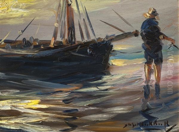 Atardecer Con Barca Y Pescador Oil Painting by Stephen Robert Koekkoek