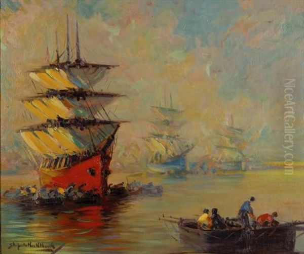 Fragatas Y Personajes En Los Botes Oil Painting by Stephen Robert Koekkoek