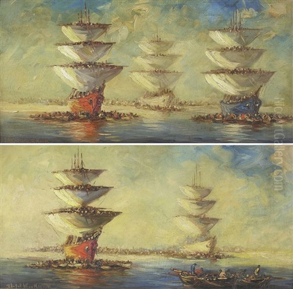 Navios Y Botes Con Personajes (pair) Oil Painting by Stephen Robert Koekkoek