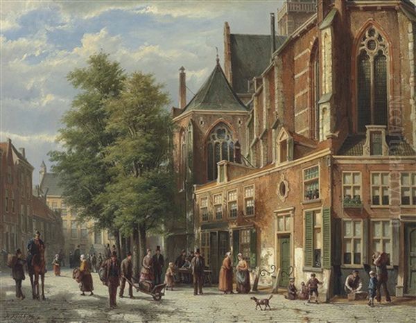 A Bustling Street Oil Painting by Willem Koekkoek