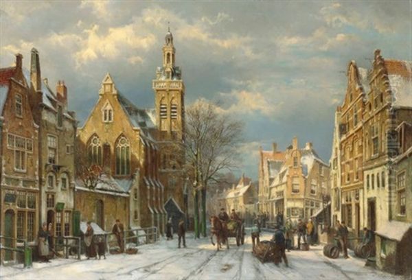 A Winter's Day In A Sunlit Street Oil Painting by Willem Koekkoek