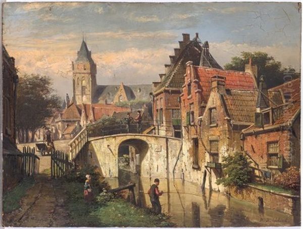 An Angler Beside A Canal At The Edge Of A Town by Willem Koekkoek