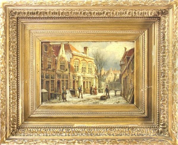 Dutch Streetscene In The Snow Oil Painting by Willem Koekkoek