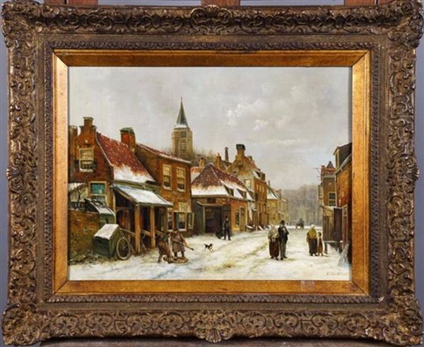 Rue Enneigee Et Animee En Hollande Oil Painting by Willem Koekkoek