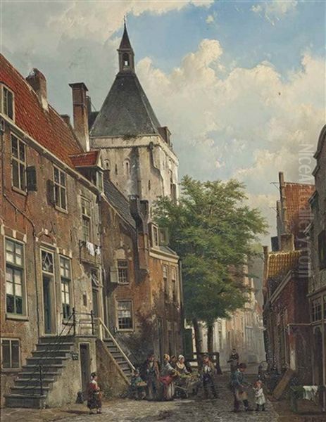 Figures Conversing In A Dutch Street Oil Painting by Willem Koekkoek