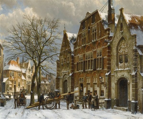 Winter Street Scene, Oudewater Oil Painting by Willem Koekkoek