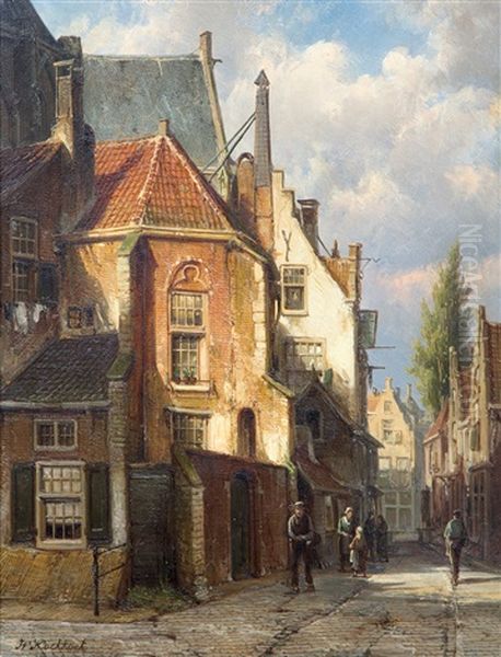 A Dutch Street Scene Behind A Church Oil Painting by Willem Koekkoek