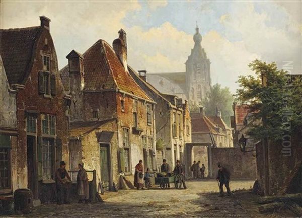 Townsfolk In A Sunlit Street With A Church Beyond Oil Painting by Willem Koekkoek