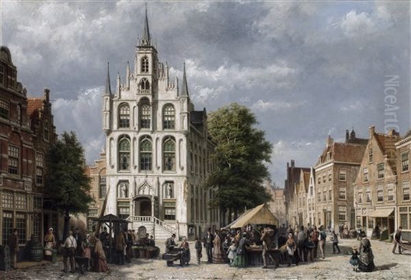 A View Of Gouda With The Townhall Oil Painting by Willem Koekkoek