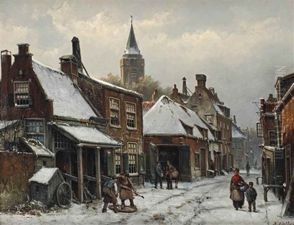 A Snow Covered Street With Figures In Front Of A Forge Oil Painting by Willem Koekkoek