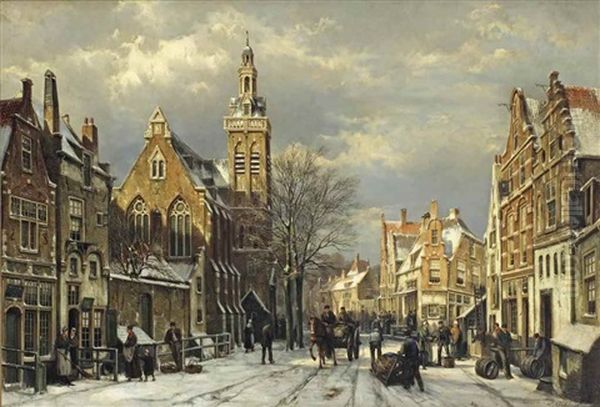 A Capriccio View Of A Sunlit Town In Winter With Numerous Figures by Willem Koekkoek