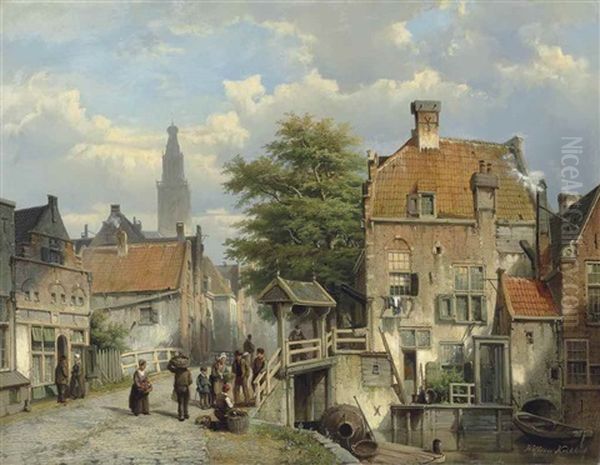 Figures On A Bridge By A Dutch Canal Oil Painting by Willem Koekkoek