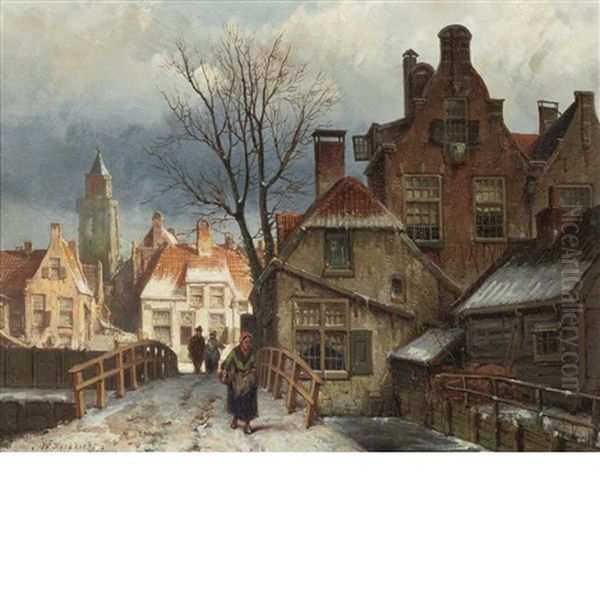 Dutch Town In The Snow Oil Painting by Willem Koekkoek