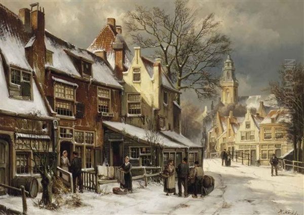 A Dutch Town In Winter Oil Painting by Willem Koekkoek