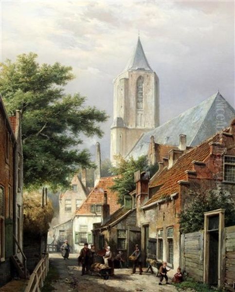 Figures Beside A Bakers Cart With Church Beyond Oil Painting by Willem Koekkoek