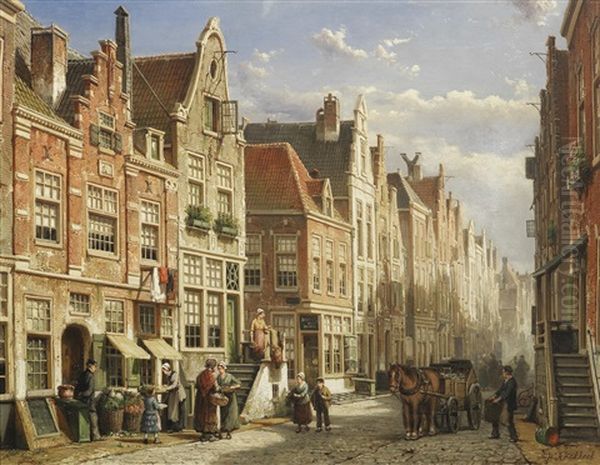 A Busy Street Scene Oil Painting by Willem Koekkoek