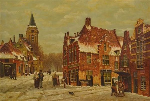 A Street In Winter Oil Painting by Willem Koekkoek