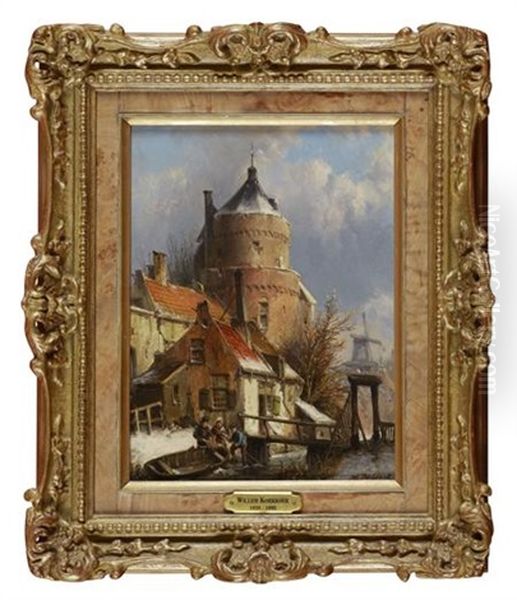 View Of A Dutch Town In Winter With Figures By A River Oil Painting by Willem Koekkoek