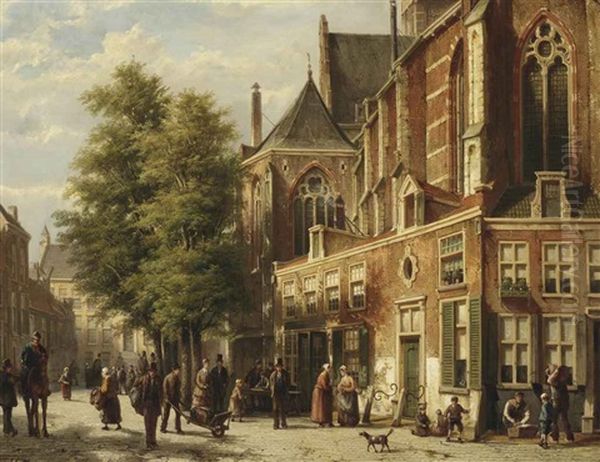 Numerous Figures In A Sunlit Street Near A Church Oil Painting by Willem Koekkoek