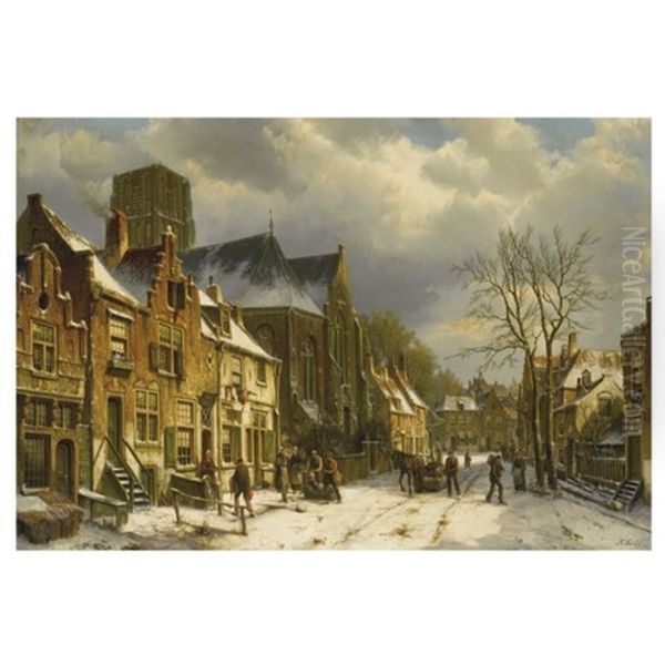 Winter In The Streets Of A Dutch Town Oil Painting by Willem Koekkoek